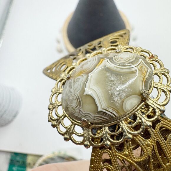 Filigree Bow Cuff Bracelet With Agate Geode Cabachon Center Bohemian Boho - Picture 5 of 10